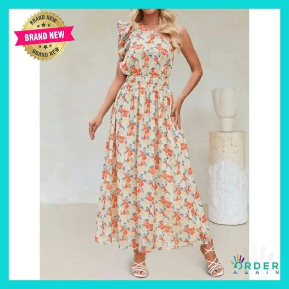 Boho Floral Maxi Dress Sleeveless One Shoulder Ruffle Elegant Beach Party - Picture 3 of 8